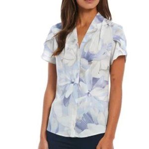 Calvin Klein Floral Print V-Neck Pleat Shoulder Short Tulip Sleeve, Size PL